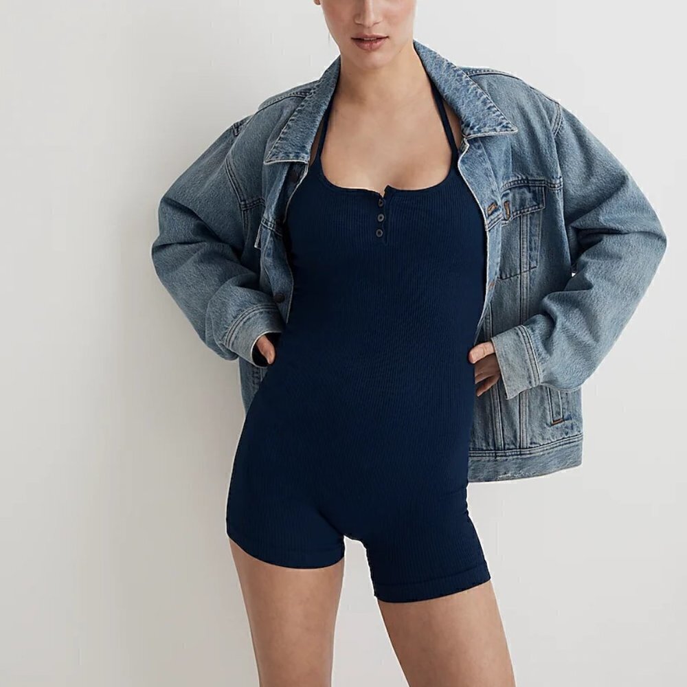 Madewell Seamless Fitted Super Stretchy Halter Biker Unitard Blue Size L/XL NWOT